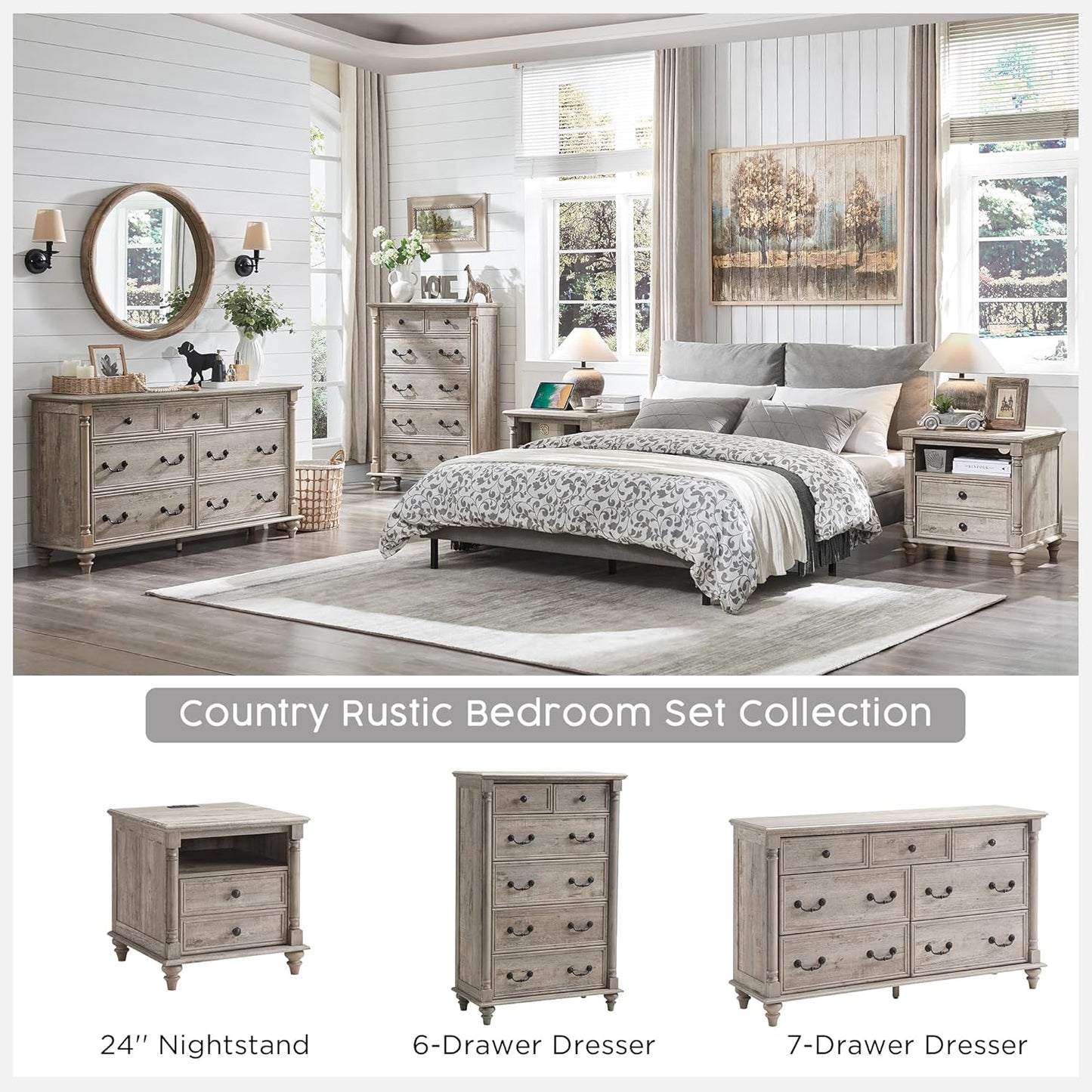 T4TREAM 24'' Farmhouse End Table w/4 Solid Wood Feet, Large 2 Drawers Wide Sofa Side Table with Charging Station, Tall Rustic Wood Square Nightstand for Living Room, Bedroom, Office, Light Rustic Oak