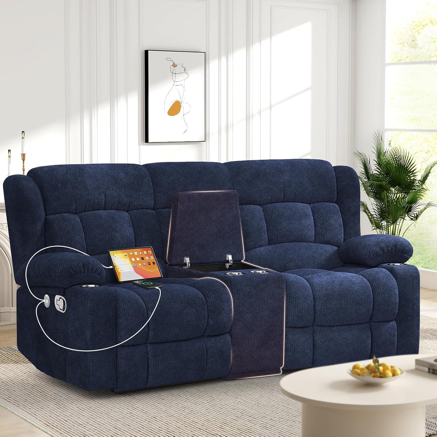 Loveseat Recliner Sofa, 2 Seater Curved Sofa for Living Room, Fabric Manual Pull Tab Reclining Loveseat with Storage Console, Recliner Loveseat Couches with USB Charge Ports, Cup Holders, Blue