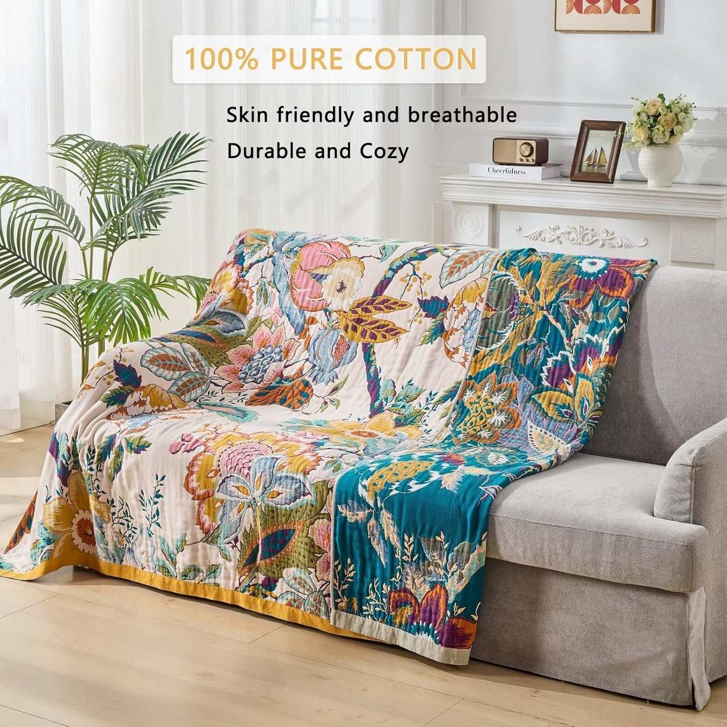 Boho Throw Blanket for Bed, Double Sided Floral Decorated Bohemian Couch Blanket, Lightweight Breathable 100% Cotton Throw Blanket,Room, Farmhouse, Bed Decor (Happiness,50"x60")