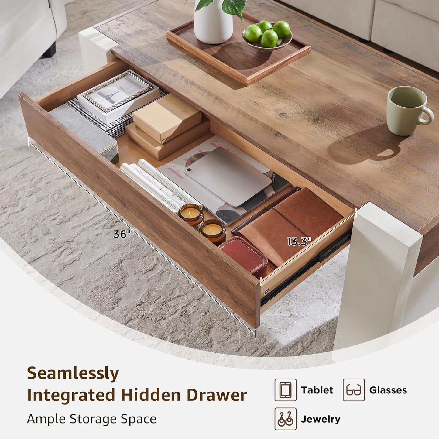 OKD 48" Modern Farmhouse Coffee Table, Wooden Living Room Table with Hidden Storage Drawer, Rustic Rectangular Center Tables with Wood Thick Design for Living Room, Office, Antique White