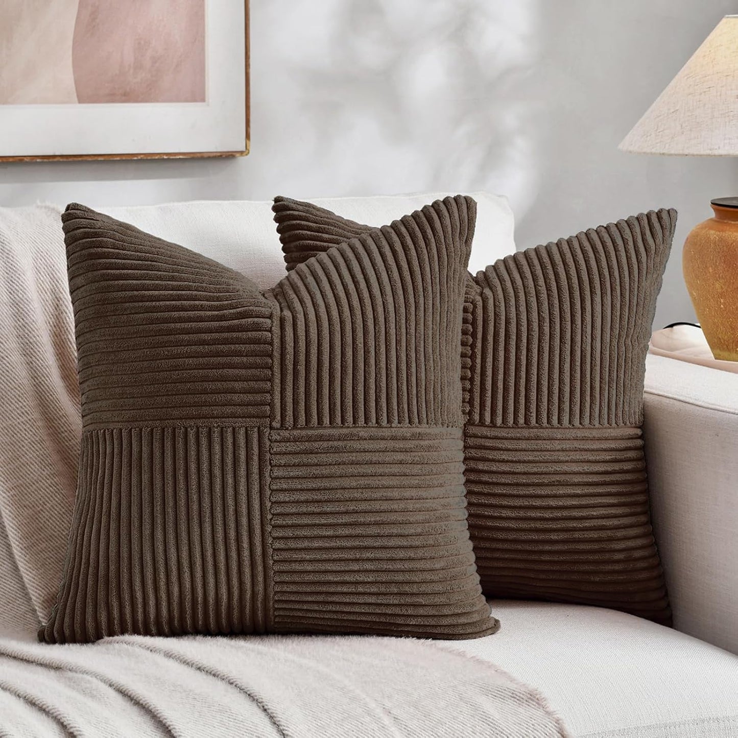 Fancy Homi 2 Packs Dark Brown Decorative Throw Pillow Covers 20x20 Inch for Living Room Couch Bed Sofa, Rustic Farmhouse Boho Home Decor, Soft Corss Corduroy Patchwork Accent Cushion Case 50x50 cm