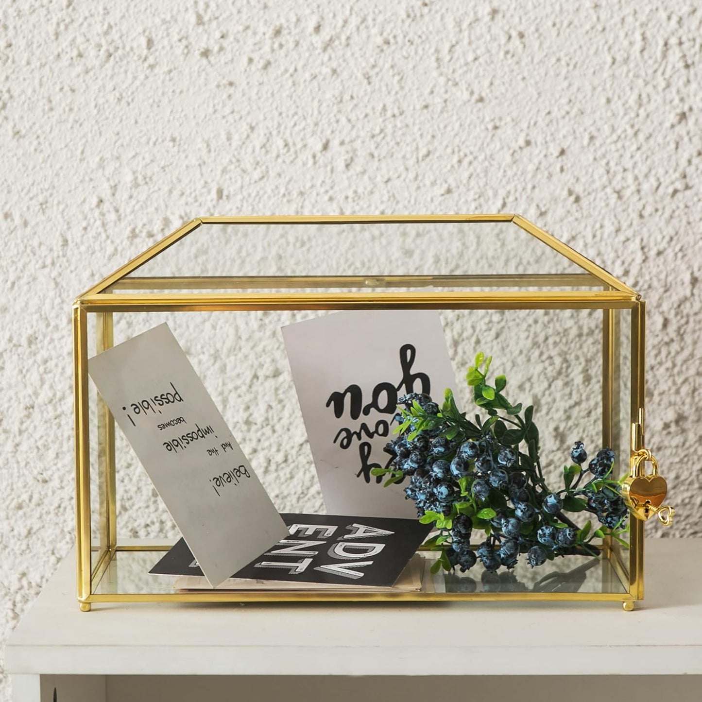Glass Wedding Card Box with Slot, 12.6 inch Large Clear Card Box Gold Brass Gift Card Storage Box with Lock for Wedding Receptions, Baby Shower, Birthday Party, Bridal Shower