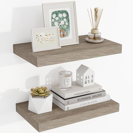 16 Inch Floating Shelves, 3D Textured Wood Grain, 16"x9.25"x1.5" Inch Deep Floating Shelves for Wall, Wooden Shelves for Bathroom, Bedroom, Living Room, Vintage Gray Oak