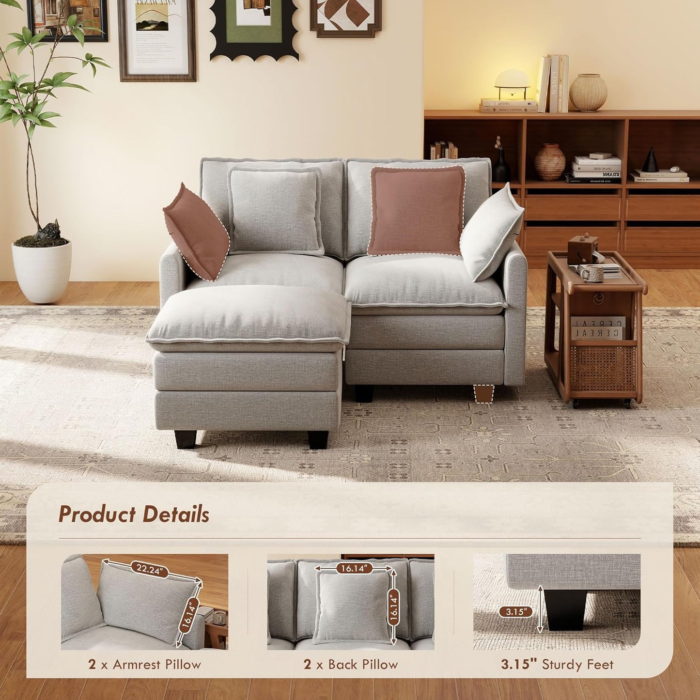 Ihanherry 57" L Shaped Modular Sectional Cloud Sofa, Modern 3 Seat Chenille Couch with Ottoman for Living Room, Bedroom and Apartment, Grey