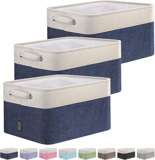 BALEINE 3 Pack Fabric Storage Bins for Shelves, Linen Storage Baskets for Organizing, Decorative Closet Bins for Clothes, Home (Navy Blue, 15"x11"x9.5")