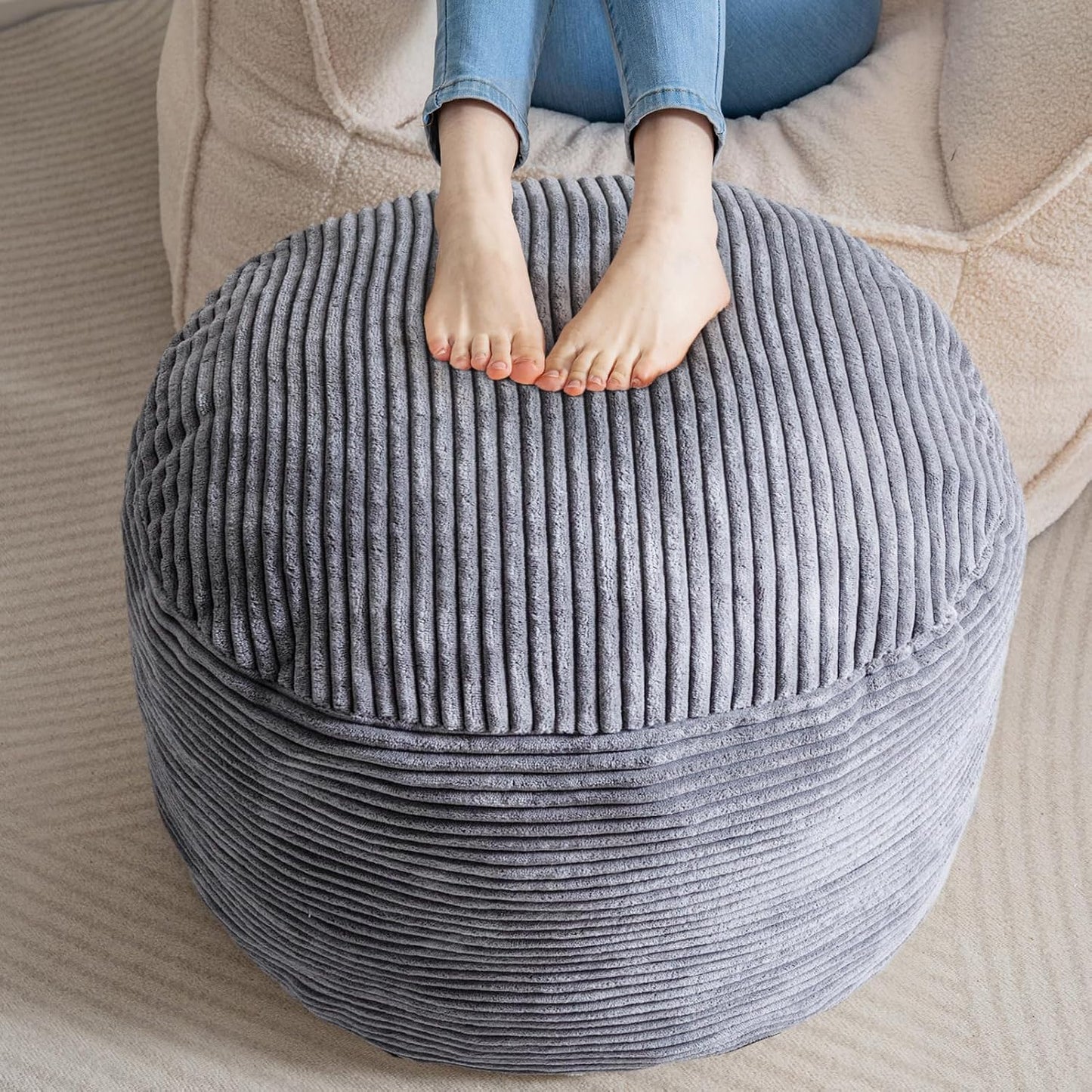 HIGOGOGO Round Stuffed Pouf Ottoman, Corduroy Poufs with Foam Chunk Filling, Furry and Fluffy Pouf Foot Stool Storage Ottoman, 26 X 18 Floor Poufs Foot Rest for Living Room, Dark Grey