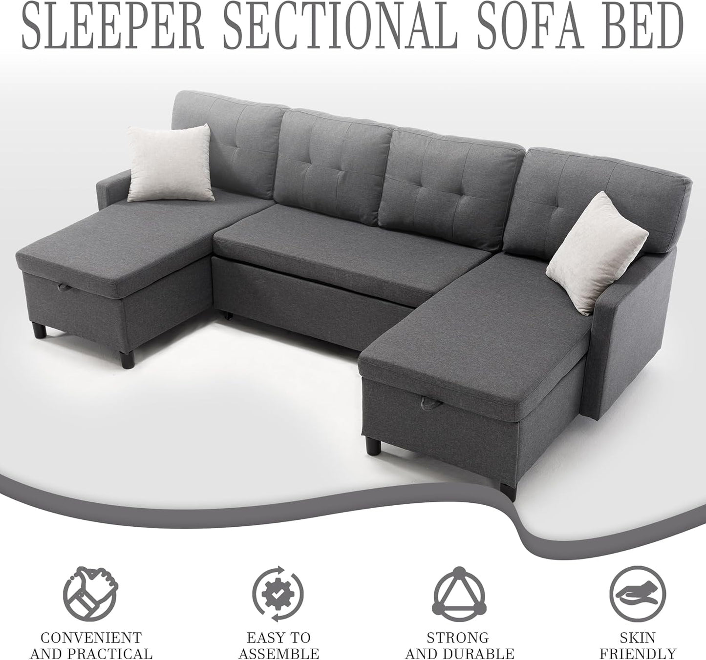 Pull Out Couch, Oversized Sleeper Sofa Couch, Sectional Sleeper Sofa Bed for Living Room Bedroom Lounge (Grey, 110 Inch)