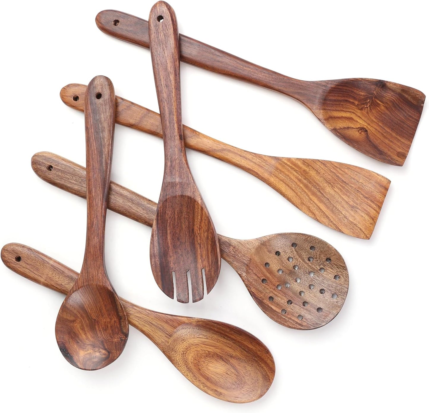Wooden Spoons for Cooking Utensils Set with Holder, Spoon Rest & Hooks, Teak Wood Nonstick Kitchen Cookware