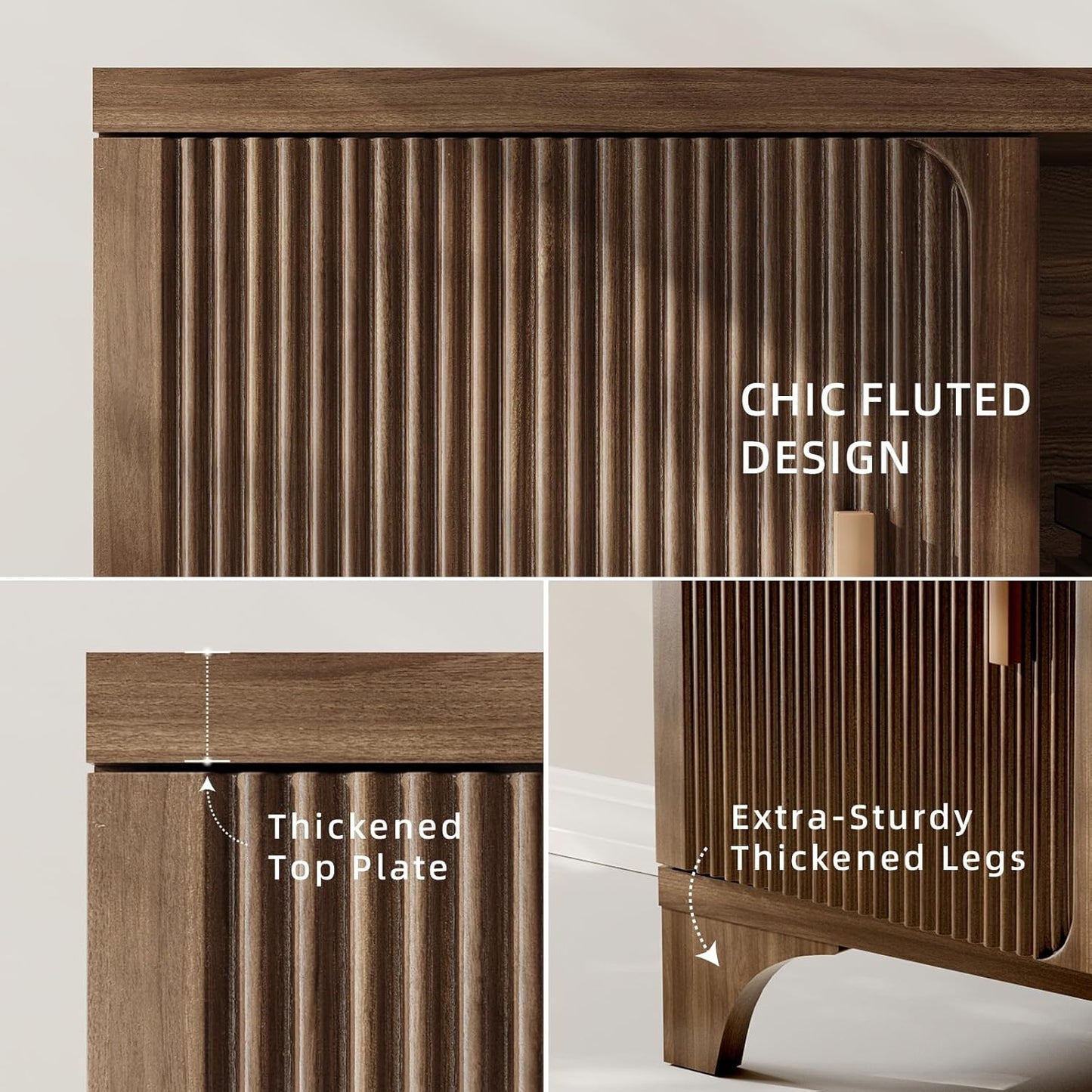 Mid Century Modern TV Stand for 70/75 Inches Television, TV Console with Fluted Doors and Storage, Entertainment Center for Living Room and Bedroom, Dark Brown