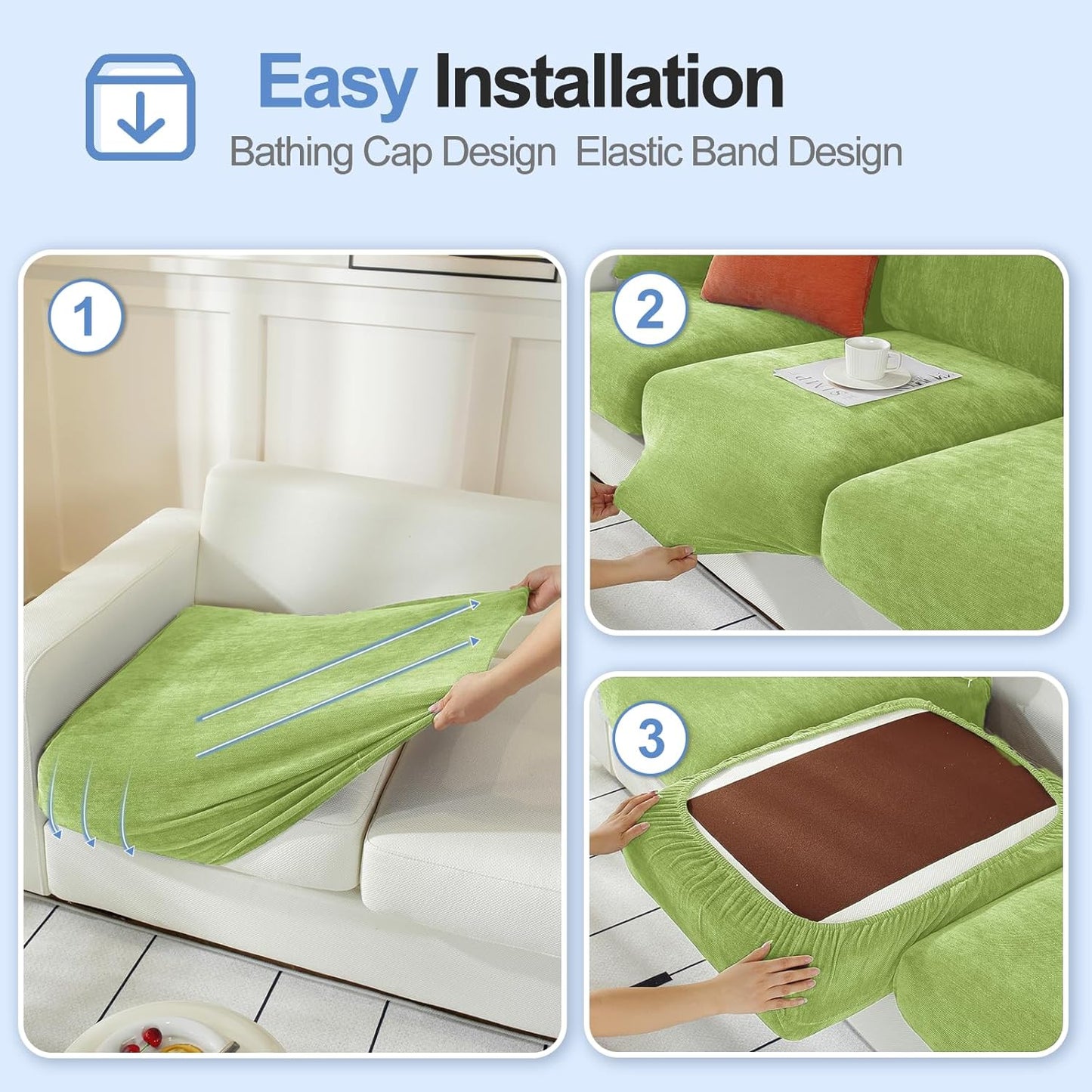 Large Backrest Cushion Covers Super Stretch Backrest Covers for 3 Cushion Couch Sofa, Couch Back Cushion Covers Featuring with Chenille Yarn (Softer Version, 3PC, Green)