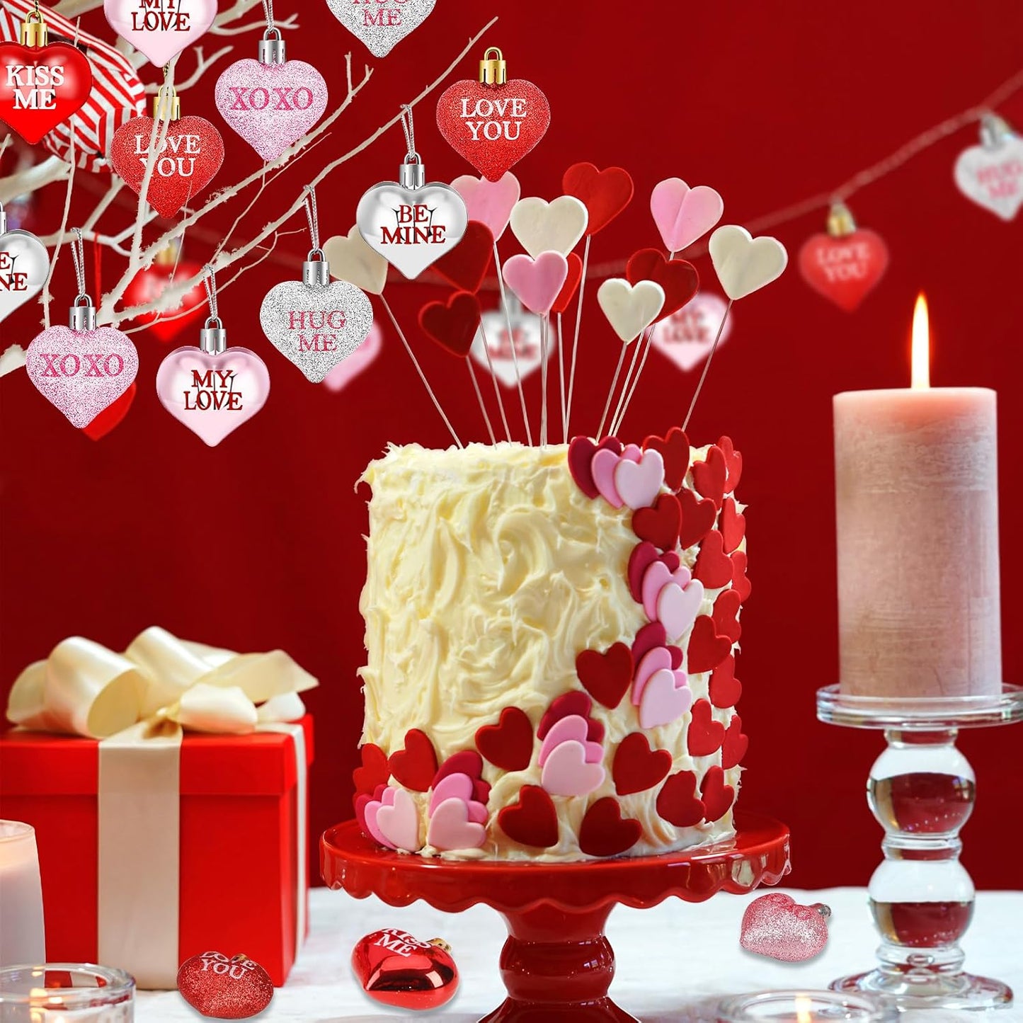 JULMELON 24Pcs Valentine's Day Heart Shaped Ornaments Romantic Valentines Conversation Heart Hanging Ornaments Decorations for Home Party Wedding Decor (Red, Pink and Silver)