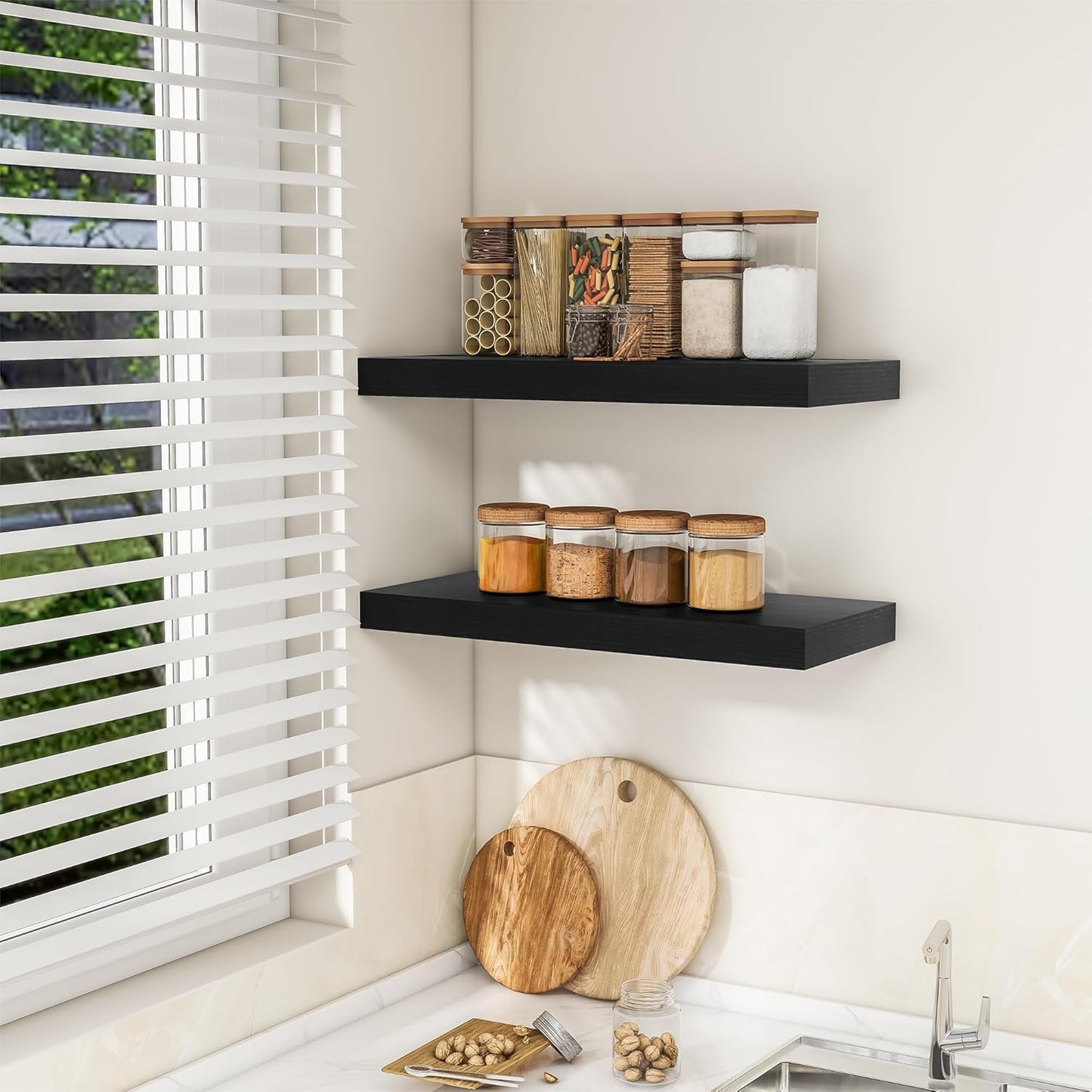 RICHFOCUS 24Inch Floating Shelves for Wall 2 Pack Shelves for Bedroom|Kitchen|Bathroom Wall Mounted Rustic Wood Floating Shelf with Invisible Brackets for Books|Storage|Decor, Black