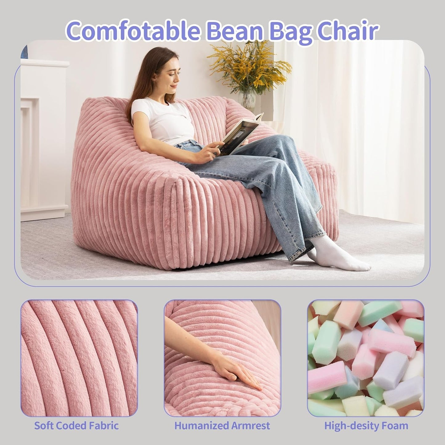 HABUTWAY Bean Bag Chair, Giant Bean Bag Chairs for Adults and Kids, Bean Bag Sofa, Lazy Floor Sofa, Faux Fur Beanbag Chair with Armrests for Living Room Bedroom (Pink)
