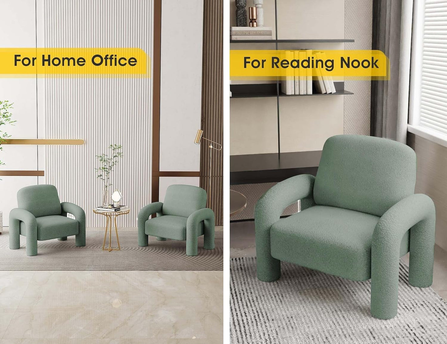 Modern Sherpa Accent Chair, Teddy Upholstered Arm Single Sofa, Cozy Fluffy Reading Chair for Living Room, Bedrooms, Corner (Mint Green)