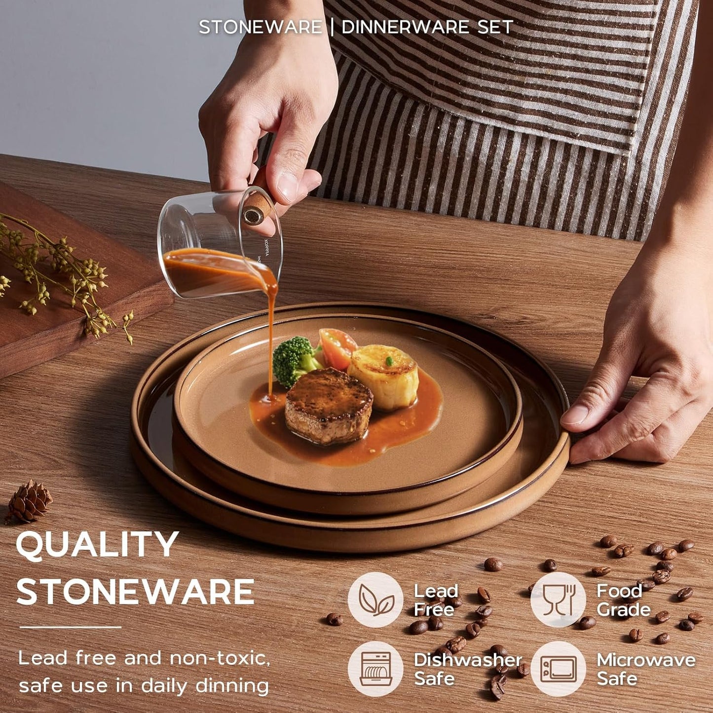 Onader Stoneware Dinnerware Sets for 4, Plates and Bowls with Unglazed Terracotta Bottom, Elegant Kitchen Ceramic Dish Dishware Set, Reactive Glaze 12 Piece - Earthy Umber