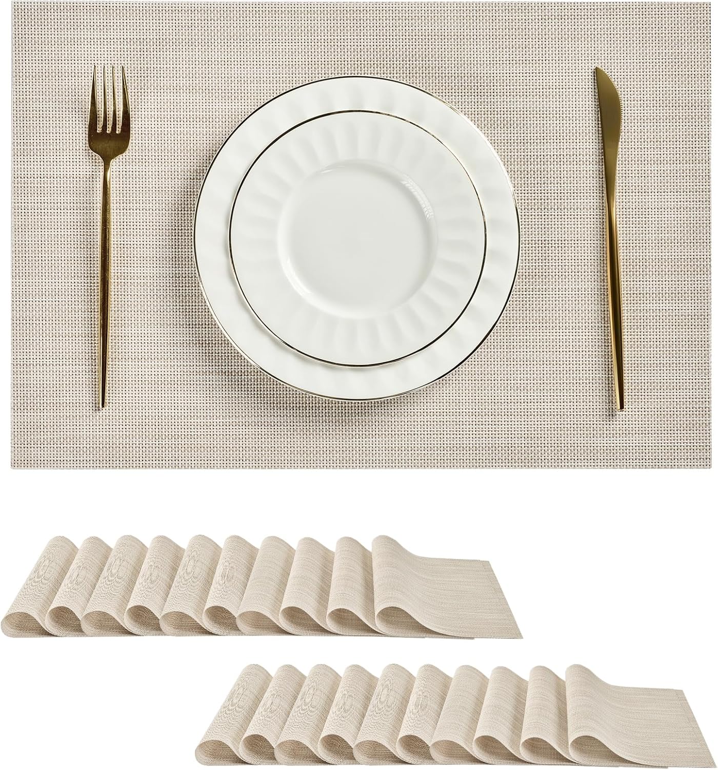 Leetaltree Beige White Placemats Set of 20 - Heat Resistant Non-Slip Place mats for Dining Table, Washable Durable PVC Vinyl Woven Table Mats（Beige White, 20）