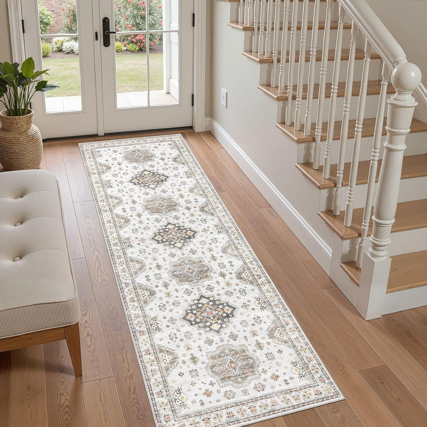 Washable 2x6 Runner Rug - Area Rugs Neutral Vintage Distressed Floral Farmhouse Boho Large Soft Floor Rug Indoor Carpet for Hallway Entryway Bedroom Kitchen - Blue Brown