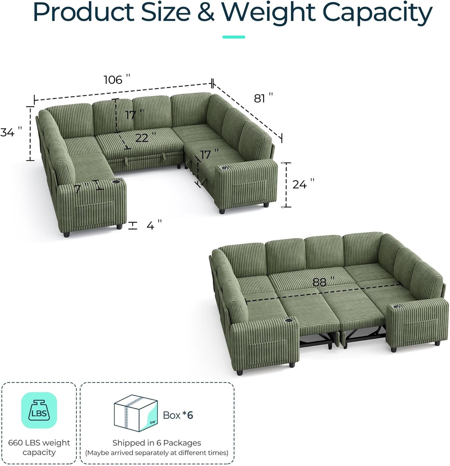 LINSY HOME Sectional Sleeper Sofa with Pull Out Couch Bed - Convertible Plush Corduroy Cloud Couch with Storage Chaise & USB Charging, Comfy Modular Couches for Living Room, Green