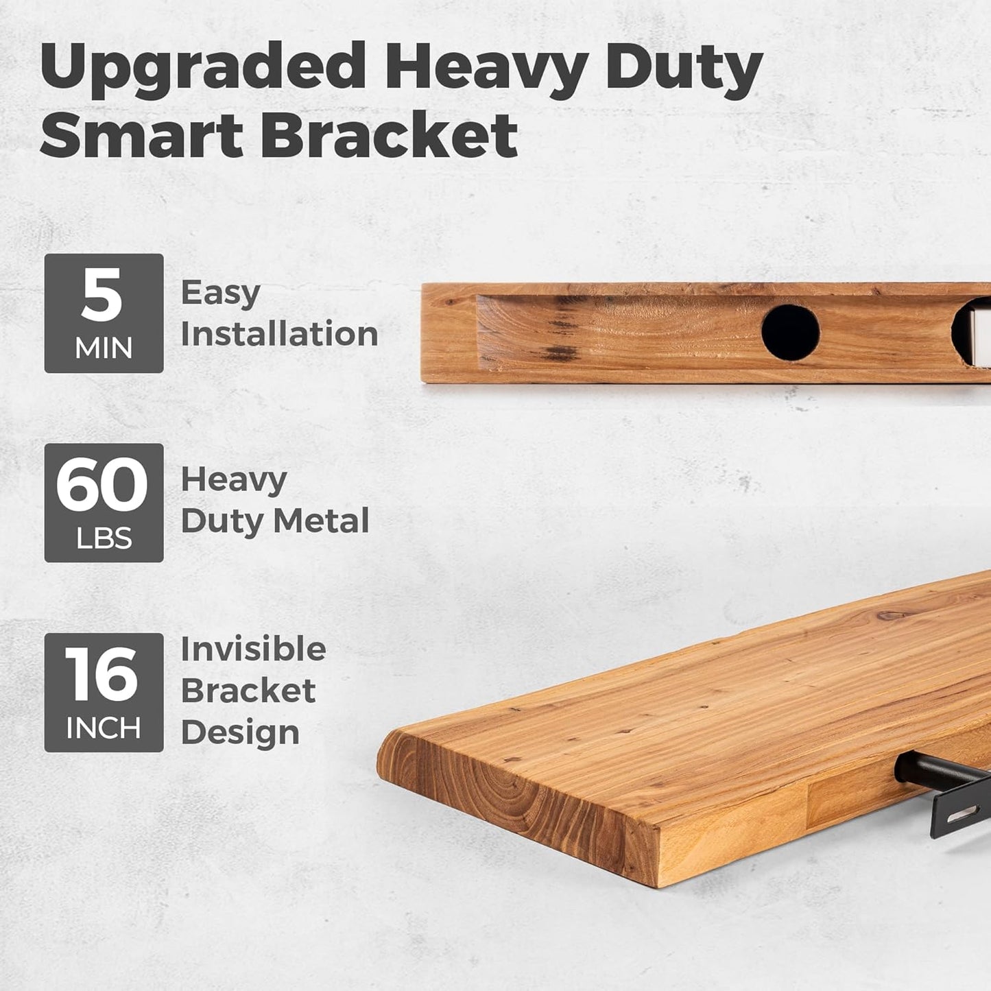 RICHFOCUS Live Edge Elm Floating Shelves - 55" W x 9.3" D Rustic Solid Wood Wall Shelves with Invisible Bracket, Wall-Mounted for Living Room, Bedroom, Kitchen Storage & Display, Set of 1, Natural