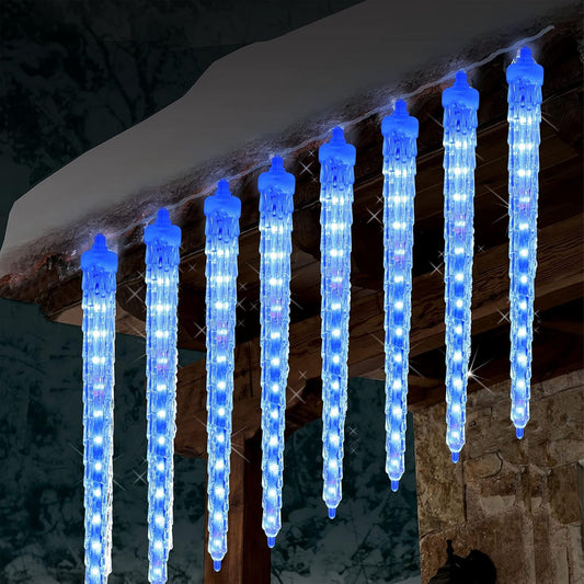 WATERGLIDE Meteor Shower Lights, 12" Outdoor Icicle Christmas Lights 8 Icicles 192 SMD LED Crystal Ice Falling Light, Connectable Raindrop Iciclelight, Xmas Winter Party Tree Holiday Decor, Blue