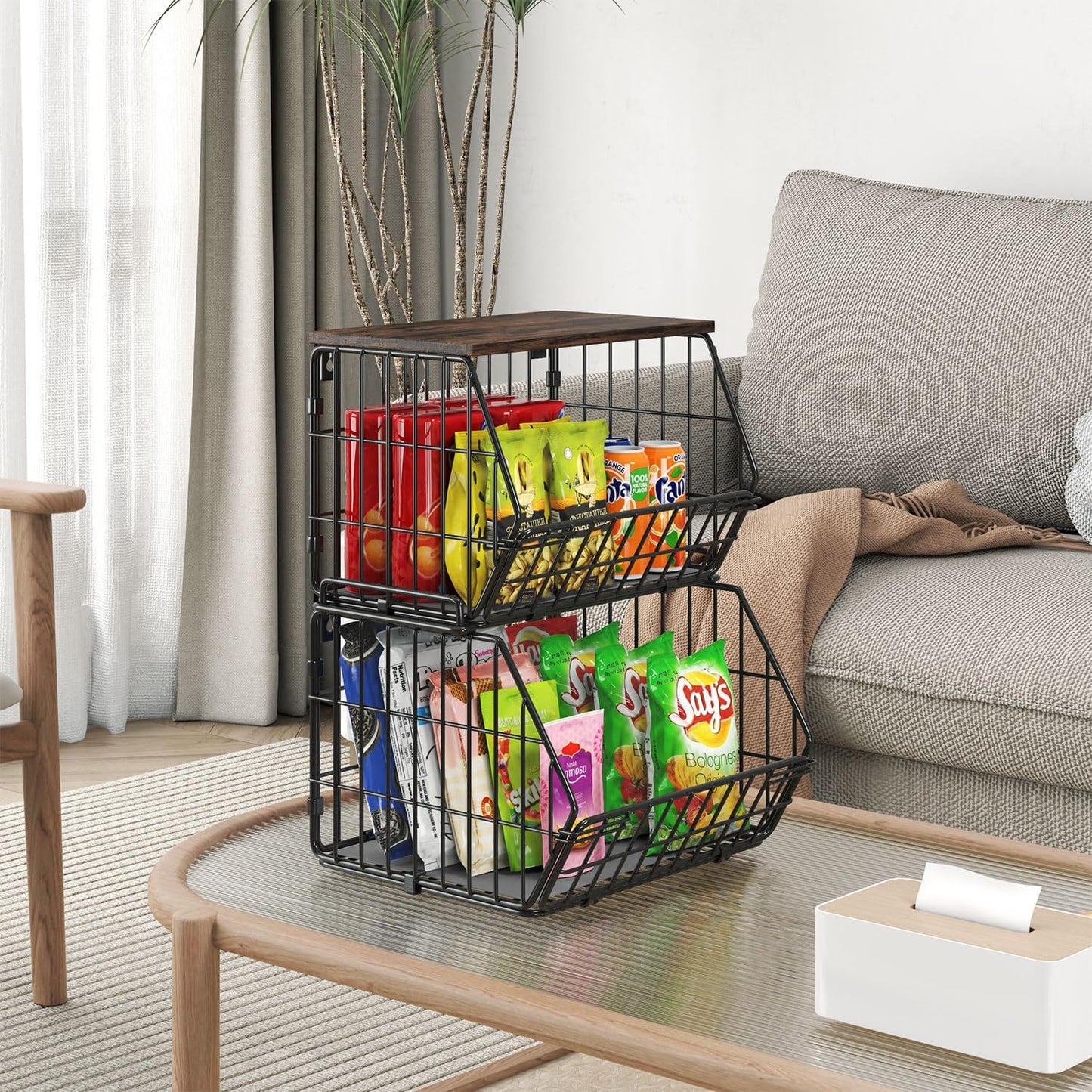 Wetheny 2 Tier Stackable Wall Mounted Wire Basket Fruit Basket with Wood Lid - Kitchen Pantry Organization and Storage, Hanging Storage Basket for fruits, Onion, Potato, Produce, Vegetable (Black)