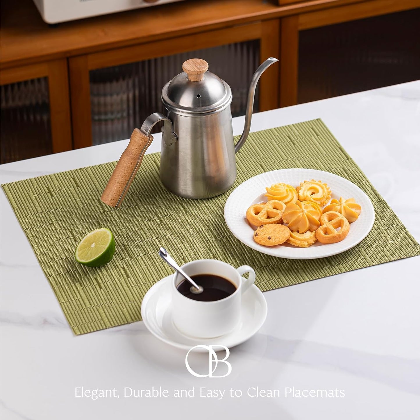 Placemats Set of 12 - Easy Clean Woven Vinyl Placemats for Dining Table, Indoor/Outdoor Place Mats, Washable PVC Table Mats （Pea Green）