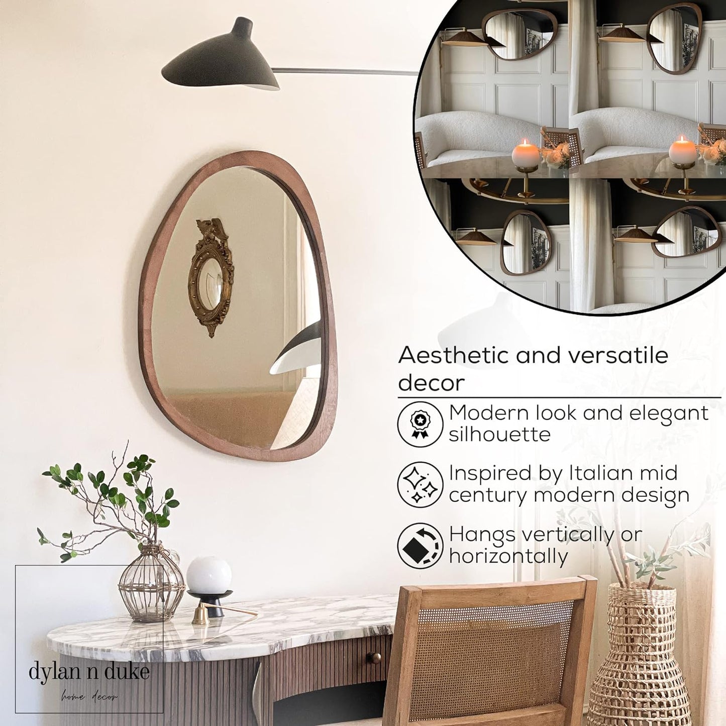 Irregular Wood Frame Boho Mirror - Large Wall Mounted Accent, Asymmetrical, Modern Aesthetic Wall Decor for Bedroom, Entryway, Living Room, Bathroom (Brown)