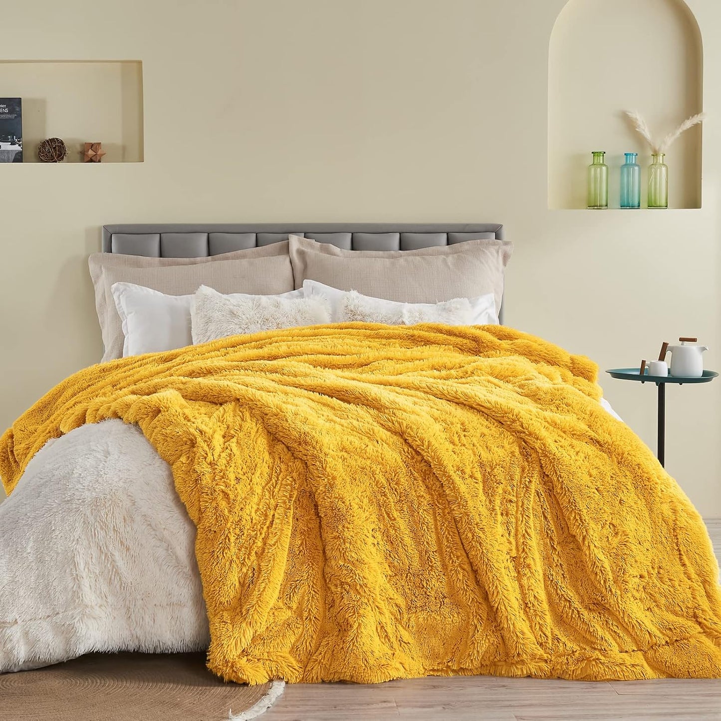 GONAAP Fuzzy Faux Fur Throw Blanket Mustard Yellow Super Soft Cozy Plush Fuzzy Shaggy Blanket for Couch Sofa Bed (Mustard Yellow, Throw(50"x60"))