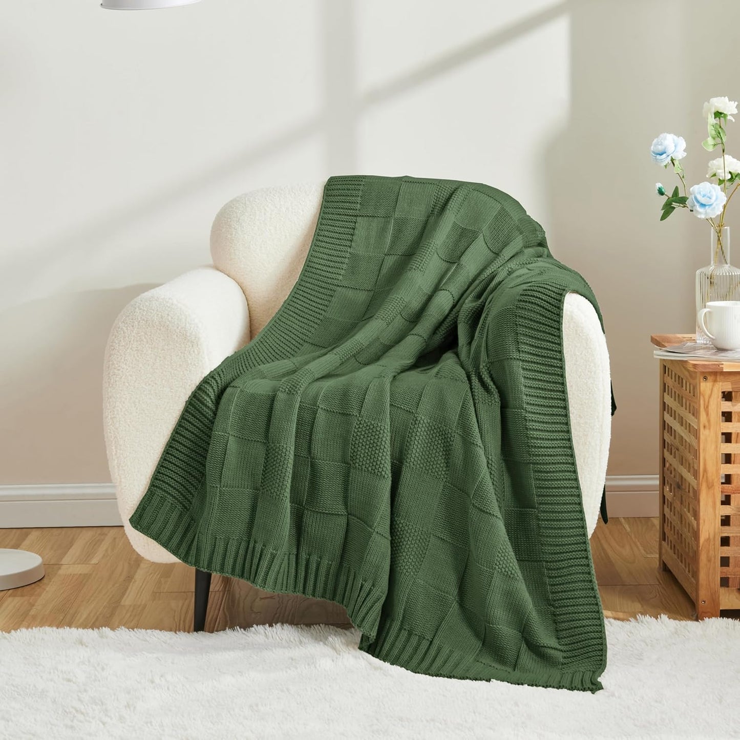 CozeCube Knit Throw Blanket,Christmas Green Checkered Bedroom Blanket for Couch,Soft Cozy Warm Knitted Blanket for Bed Sofa Living Room,Decorative Spring Fall Throw Blanket 60"X80",Christmas Green