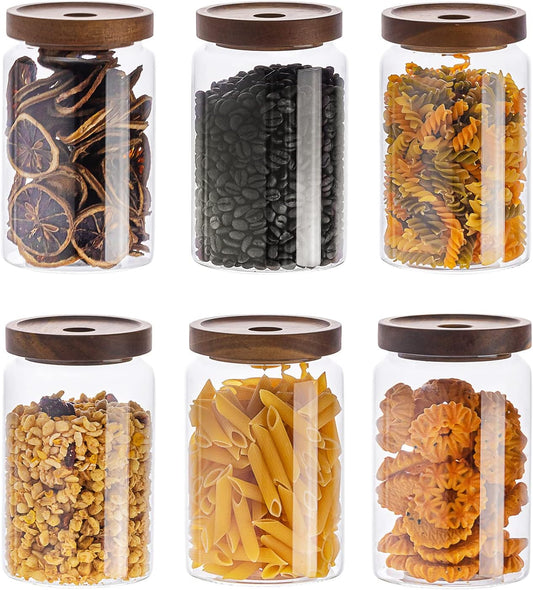 Kanwone Glass Storage Containers Set of 6, 28 Ounce Airtight Food Storage Containers with Bamboo lids, Clear Glass Jars for Pantry, kitchen, Flour, Sugar, Tea, Coffee, Snack, Cookies, Spice and Herbs