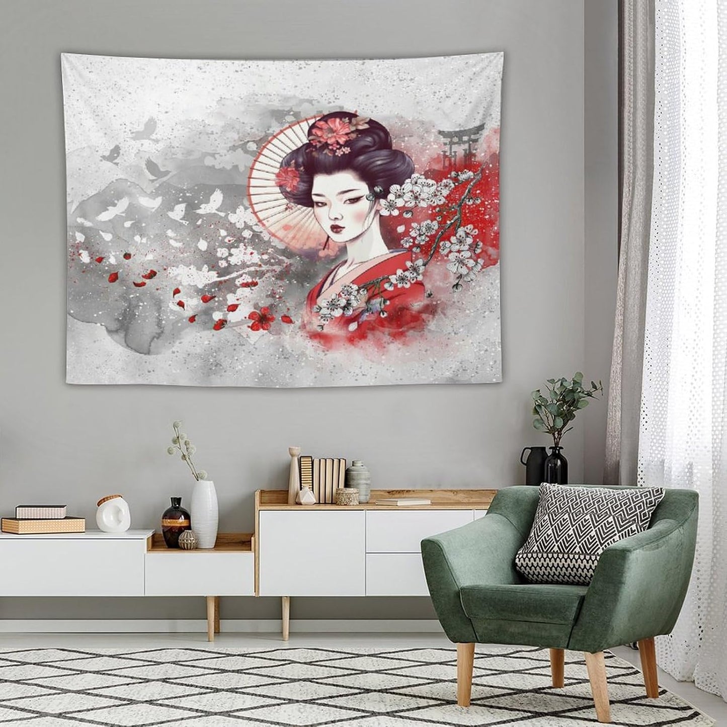 Japanese Geisha Tapestry Asian Red Cherry Blossom Traditional Kimono Folk Tapestries Home Decor for Living Room Bedroom Apartment Farmhouse Dorm 80"x60"