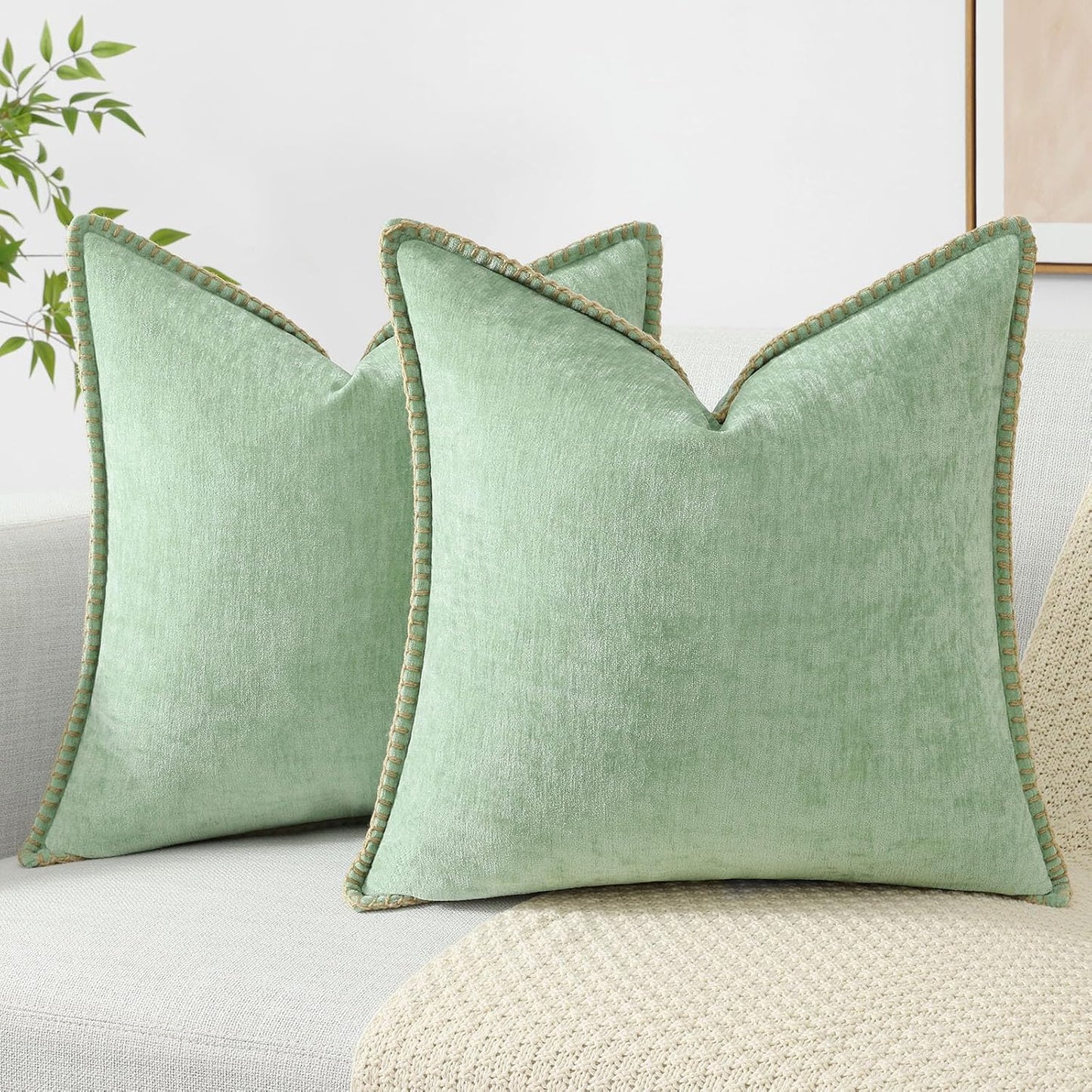 decorUhome Chenille Soft Throw Pillow Covers 18x18 Set of 2, Farmhouse Velvet Neutral Decorative Euro Pillow Covers with Stitched Edge for Couch Sofa Bed Home Decor, Sage Green
