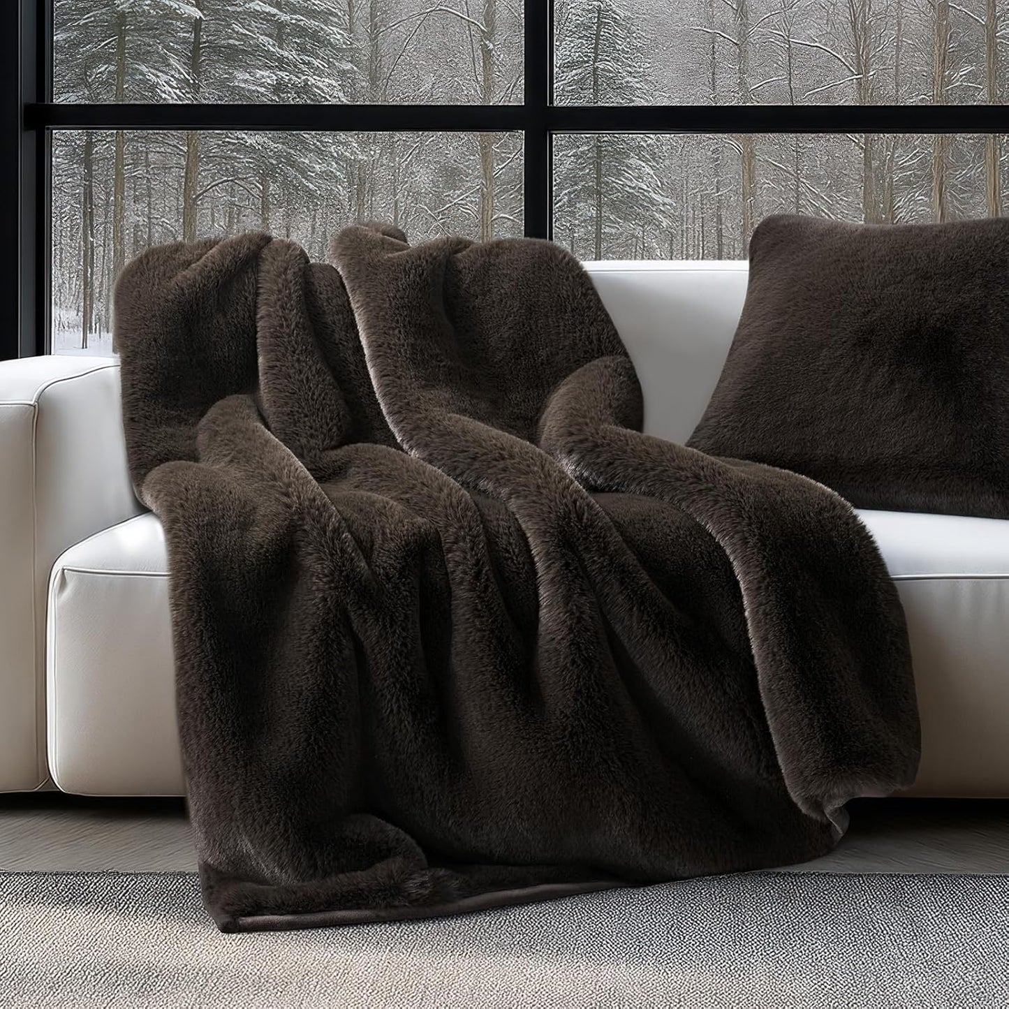 Luxury Soft Faux Chinchilla Fur Throw Blanket for Couch, Warm Thick Heavy Winter Throw Blanket 1220GSM for Bed, Fluffy Cozy Mink Blanket with Reversible Velvet, Espresso Mink, 60"x80"