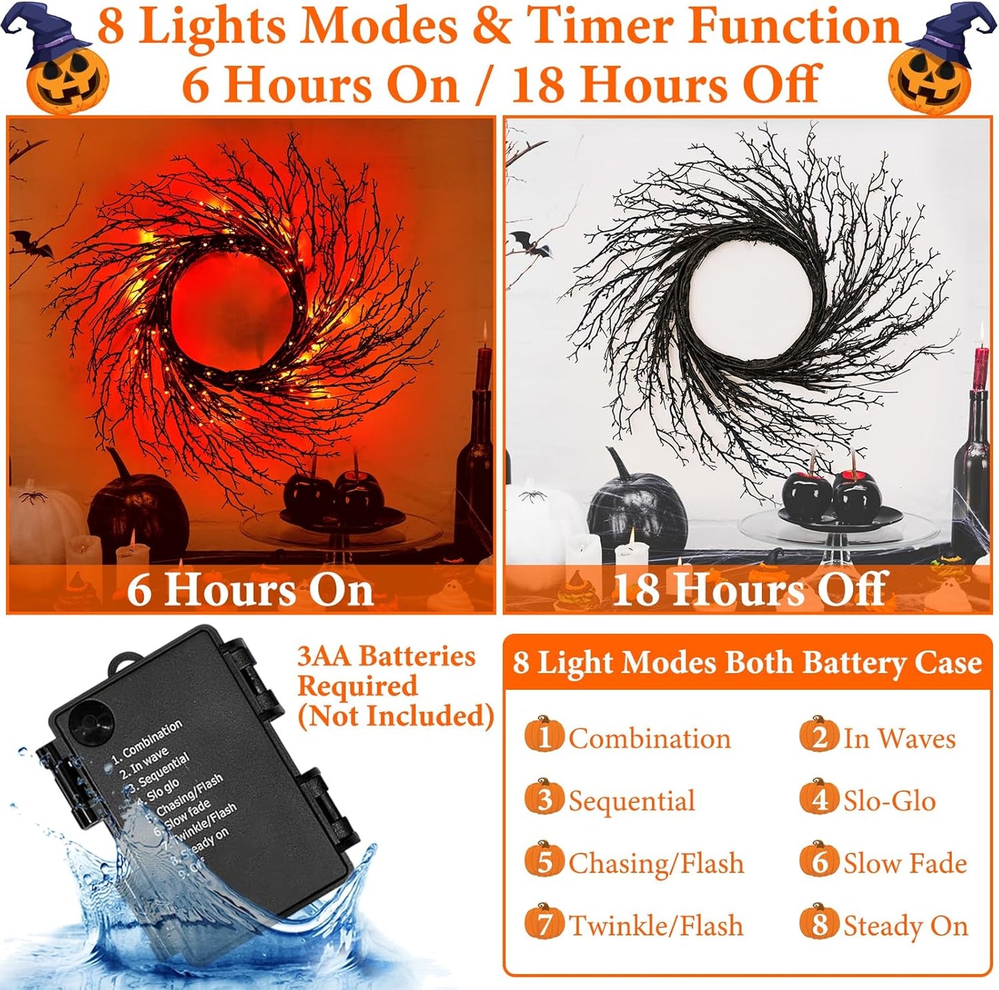 7 Ft Halloween Decorations Willow Vine Twig Garland with 8 Modes Timer 63 LED Orange Lights, Halloween Garland with Waterproof Battery Operated for Wall Fireplace Decorations Indoor Outdoor