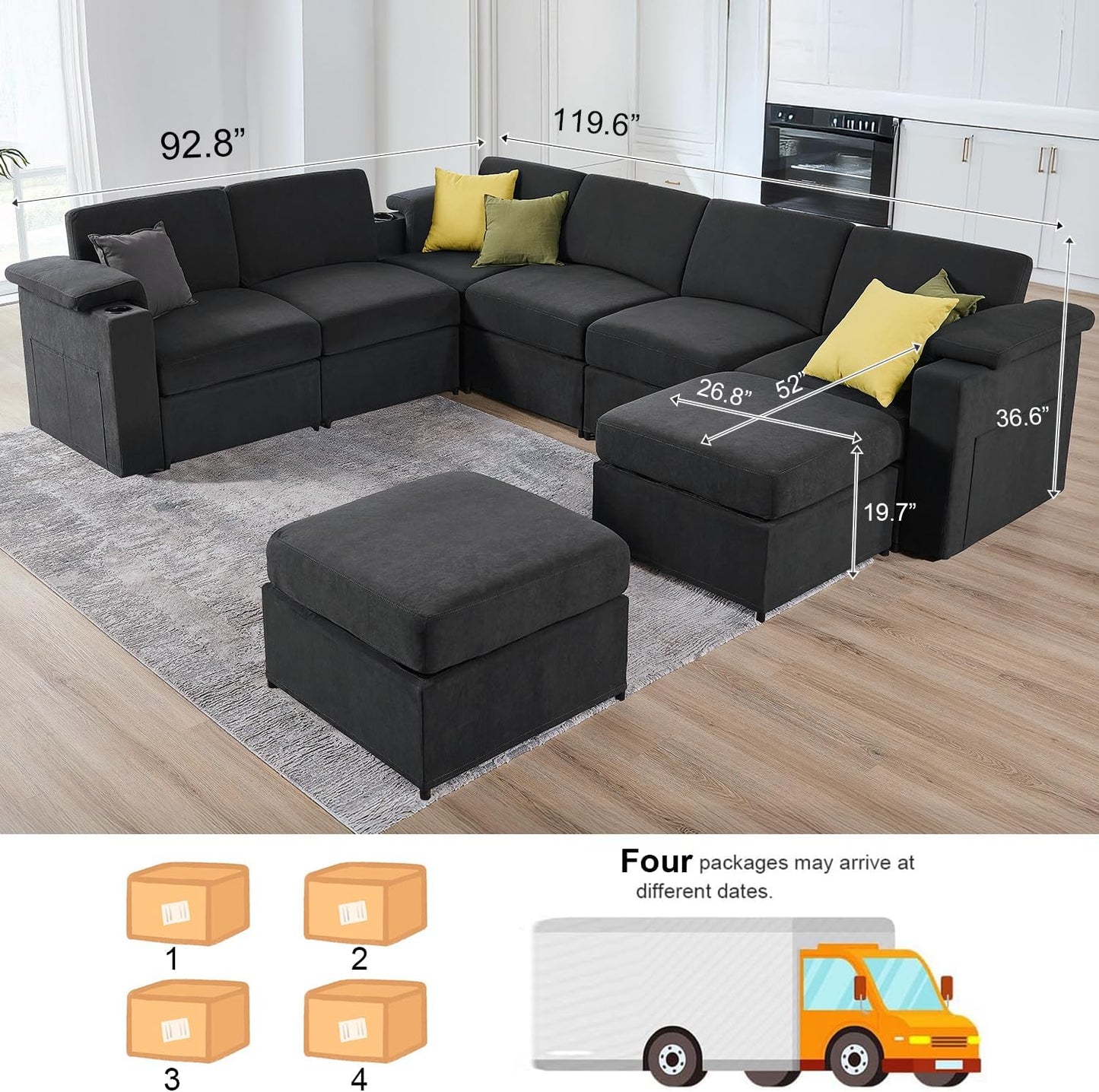 Modular Sectional Sofa Couches for Living Room Velvet Cloud Couch Oversized U Shaped Sectional Couch Convertible Sleeper Sofa Chaise Padded Armrests Cup Holder (Grey, 8 Seats)