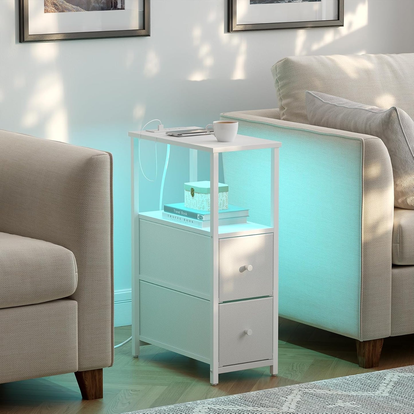 TUTOTAK Small Narrow LED End Table with Charging Station, Side Table Outlets, Nightstand with 2 Cloth Drawers, Couch Table, for Living Room, Bedroom, Bedside, White TB01BW085L