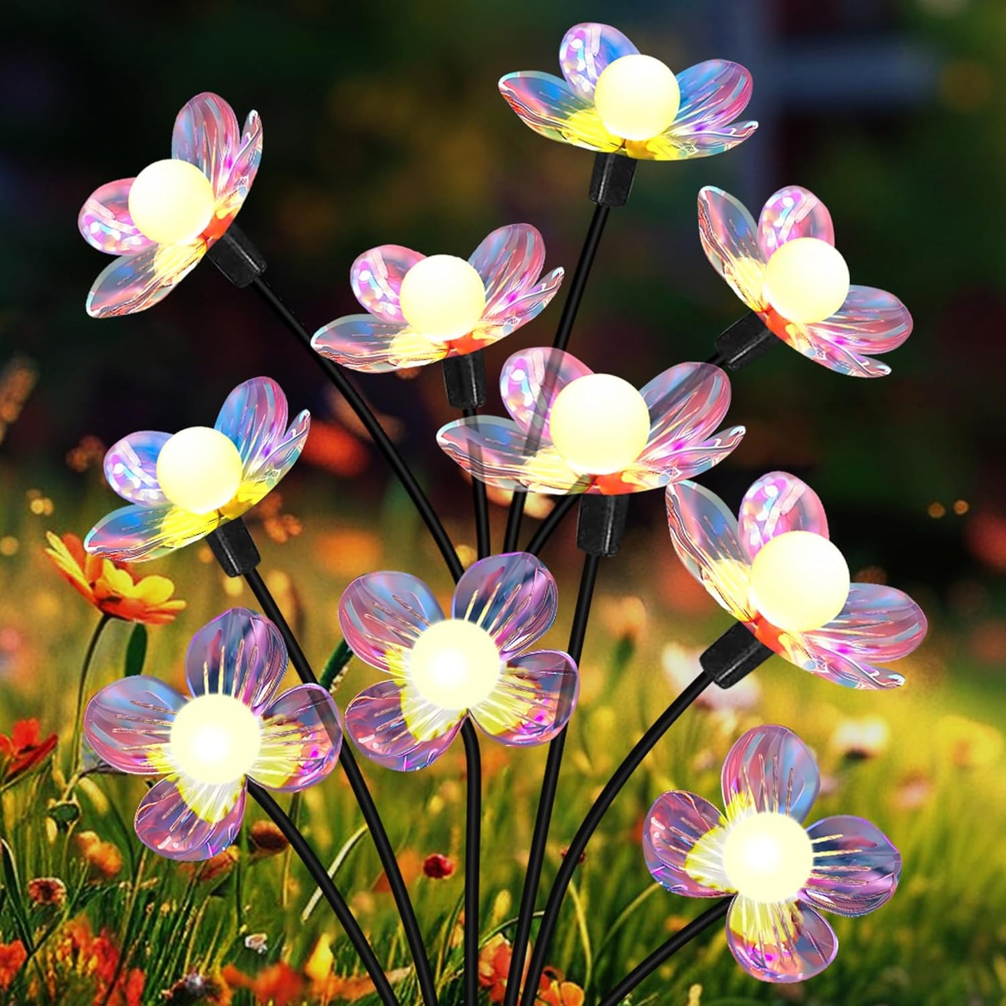 Solar Garden Lights Outdoor, New Upgraded 4-Pack Firefly Solar Lights with Iridescent Petals & Warm White Glow - Waterproof Wind-Swaying Decor for Yard, Patio