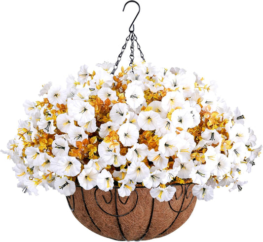 Artificial Fall Flowers Fake Hanging Plants Flowers Basket for Outdoors Autumn Decoration, Silk Morning Glory with Eucalyptus Look Real UV Resistant Faux Flowers for Outside Porch Patio Balcony, White