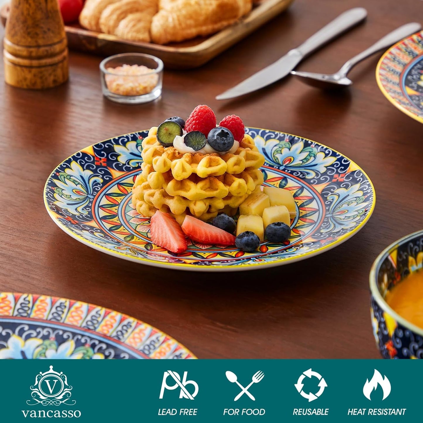 vancasso 12 Pieces Dinnerware Sets, Yellow Plates and Bowls Set, Porcelain Dishes Set for 4, Microwave and Dishwasher Safe, Scratch Resistant, Bohemian Style Dining Ware Service for 4, Series SIMI