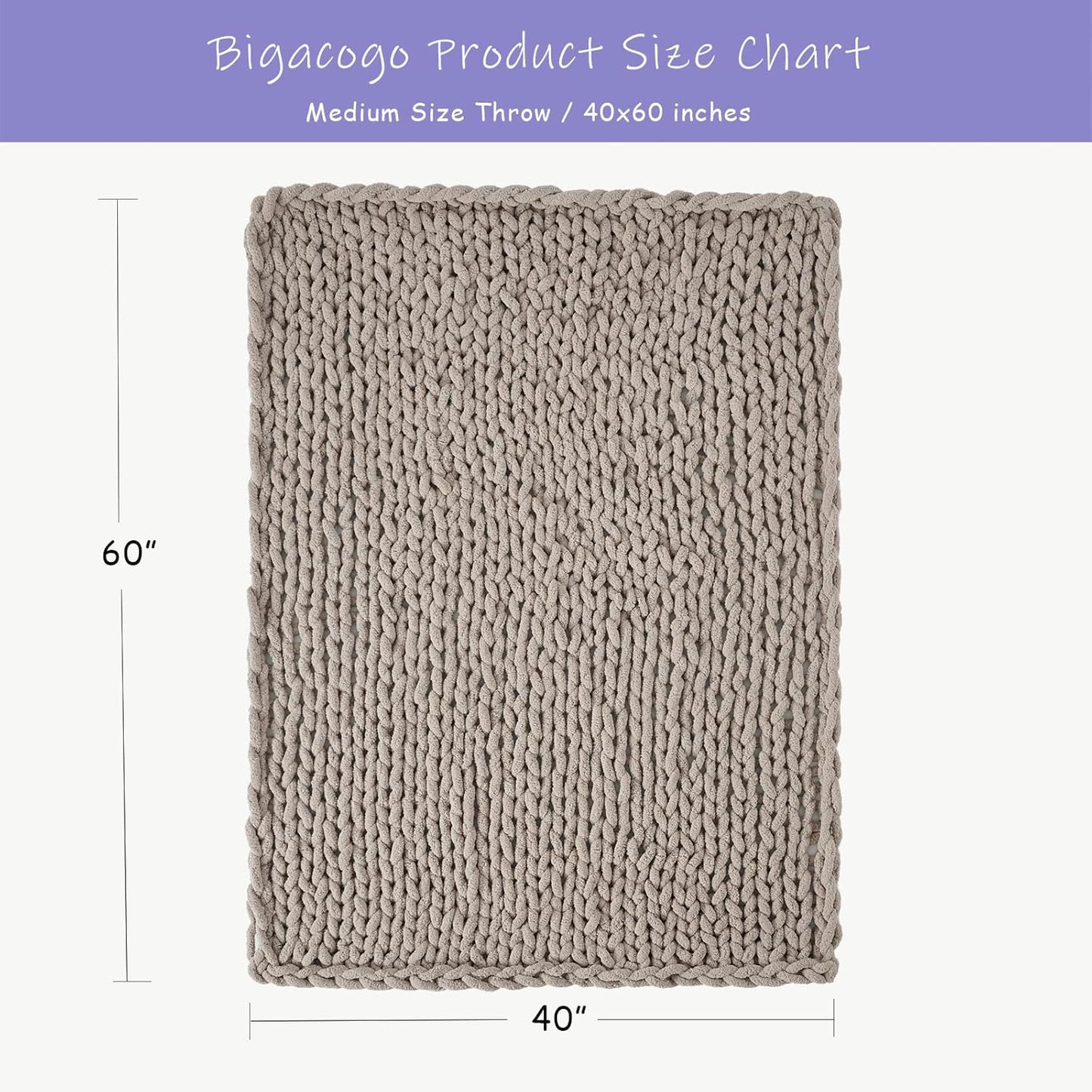 Bigacogo Chunky Knit Throw Blanket for Couch, 40x60 inches, 100% Hand Knitted with Thick Jumbo Chenille Yarn, Cozy Soft Large Rope Knot Cable Crochet Blankets for Sofa Bed Living Room, Taupe