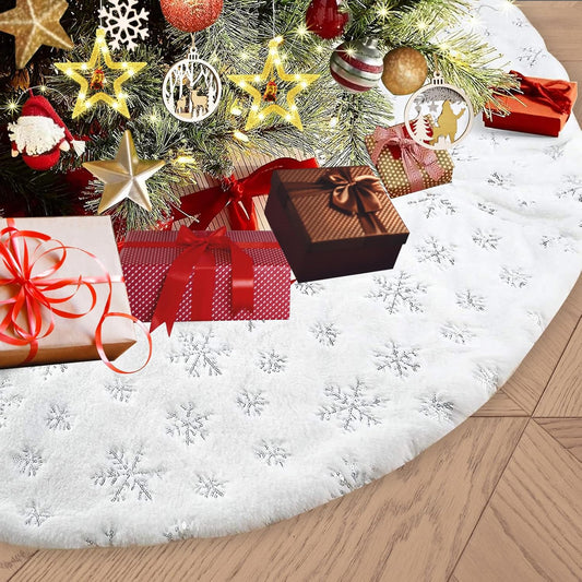 24inch White Christmas Tree Skirt Tree Carpet Blanket, Soft 2ft Xmas Christmas Tree Blanket with Silver Snowflake White Faux Fur Carpet for Christmas Holidays Decoration Party