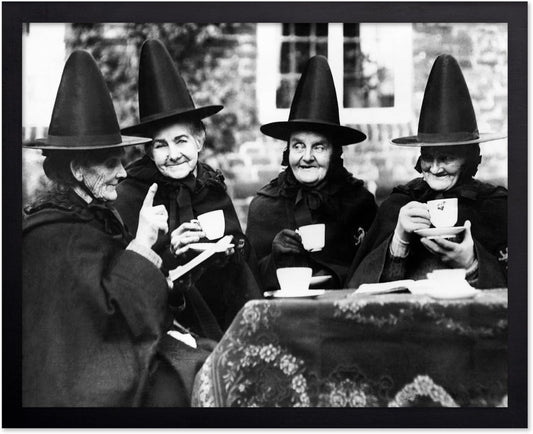 Poster Master Classic Photograph Poster - Vintage Halloween Print - Gift for Artist, Friend - Witches Tea Party, Old Women Smiling, Wearing Robes - Wall Decor for Living Room, 16x20 Black Framed