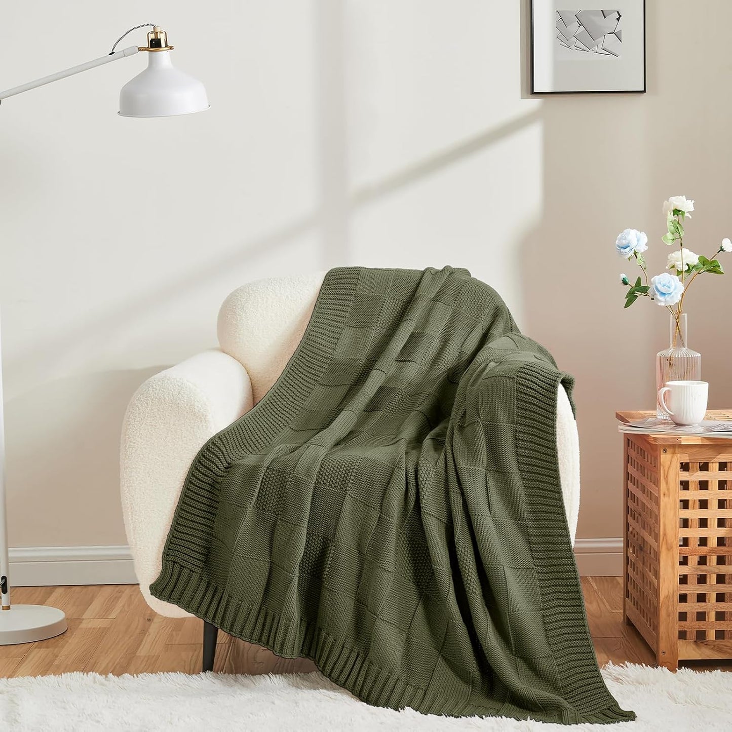CozeCube Check Knit Throw Blanket, Olive Green Checkered Throw for Couch, Decorative Christmas Soft Cozy Warm Knitted Blanket for Bed Sofa Living Room, 50"X60"