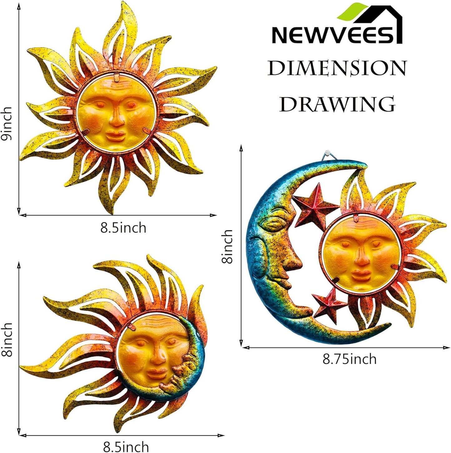 Sun Face Metal Wall Art Décor Outdoor Indoor, Sun Moon Star, Metal Glass Hanging for Garden Sun Face Sculptures & Statues Statues Wall Art for Farmhouse, Patio, Garden Decoration(3 Pack)