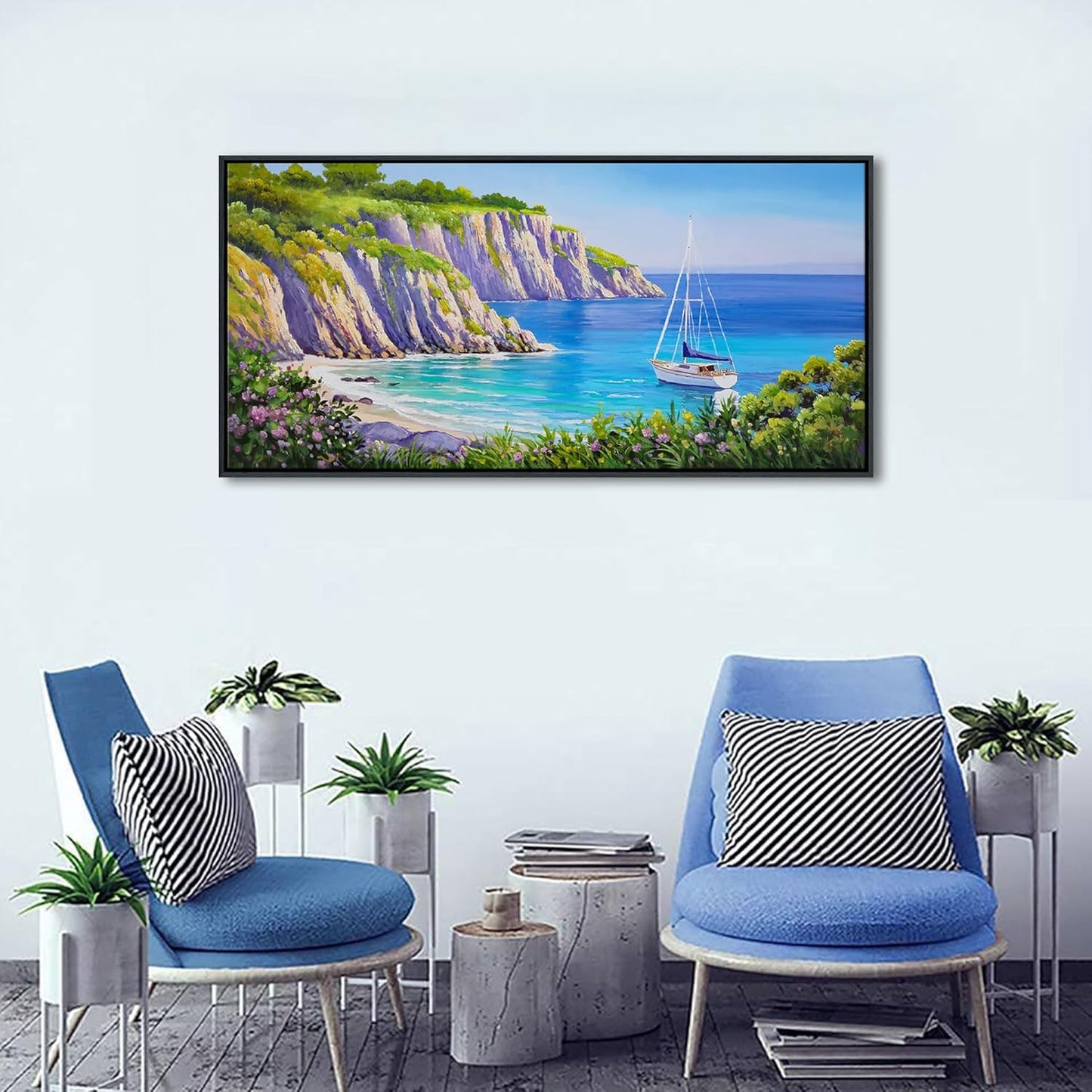 QZQCBLC Large Coastal Wall Art - Blue Sea Sailing Boat Canvas Pictures Purple Flower Mountains Ocean Landscape Paintings Artwork for Living room Bedroom Home Office Framed Beach Decor 24"X48"