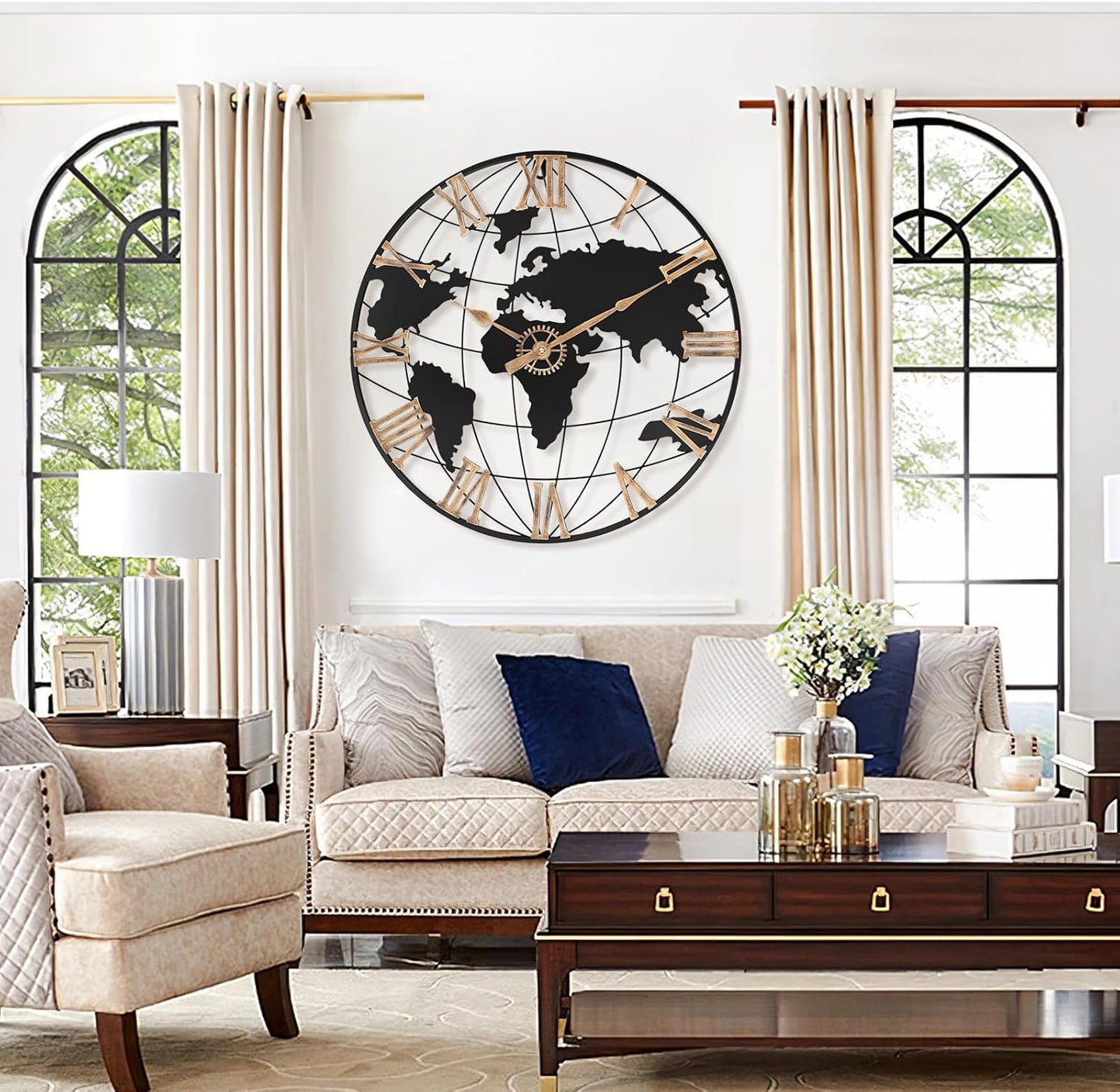 24 Inch Large Wall Clock for Living Room Decor,Big Modern Decorative Silent World Map Metal Wall Clock with Vintage Gold Roman Numeral for Office,Living Room,Kitchen,Dining Room