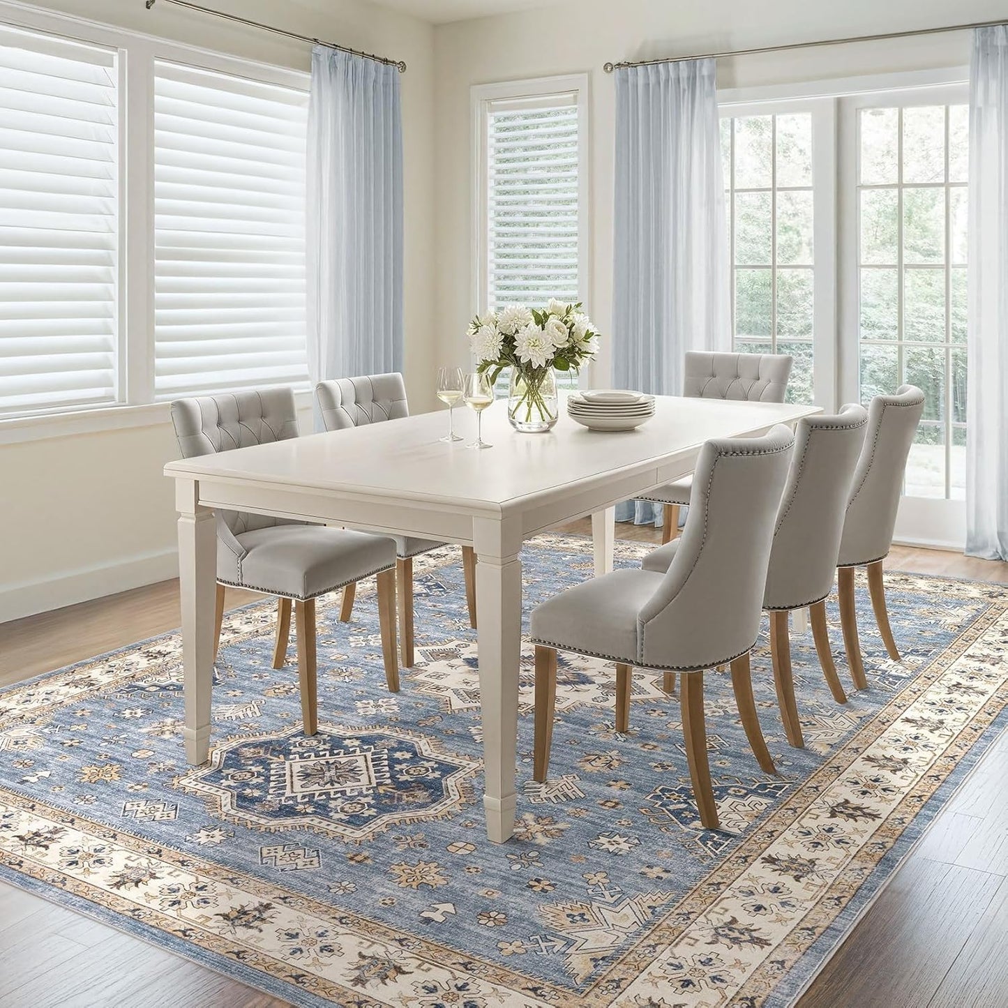 Washable Area Rugs for Living Room -10x14 Neutral Vintage Distressed Floral Farmhouse Boho Large Soft Floor Rug Indoor Non Slip Carpet for Living Room Bedroom Dining Room Office - Blue