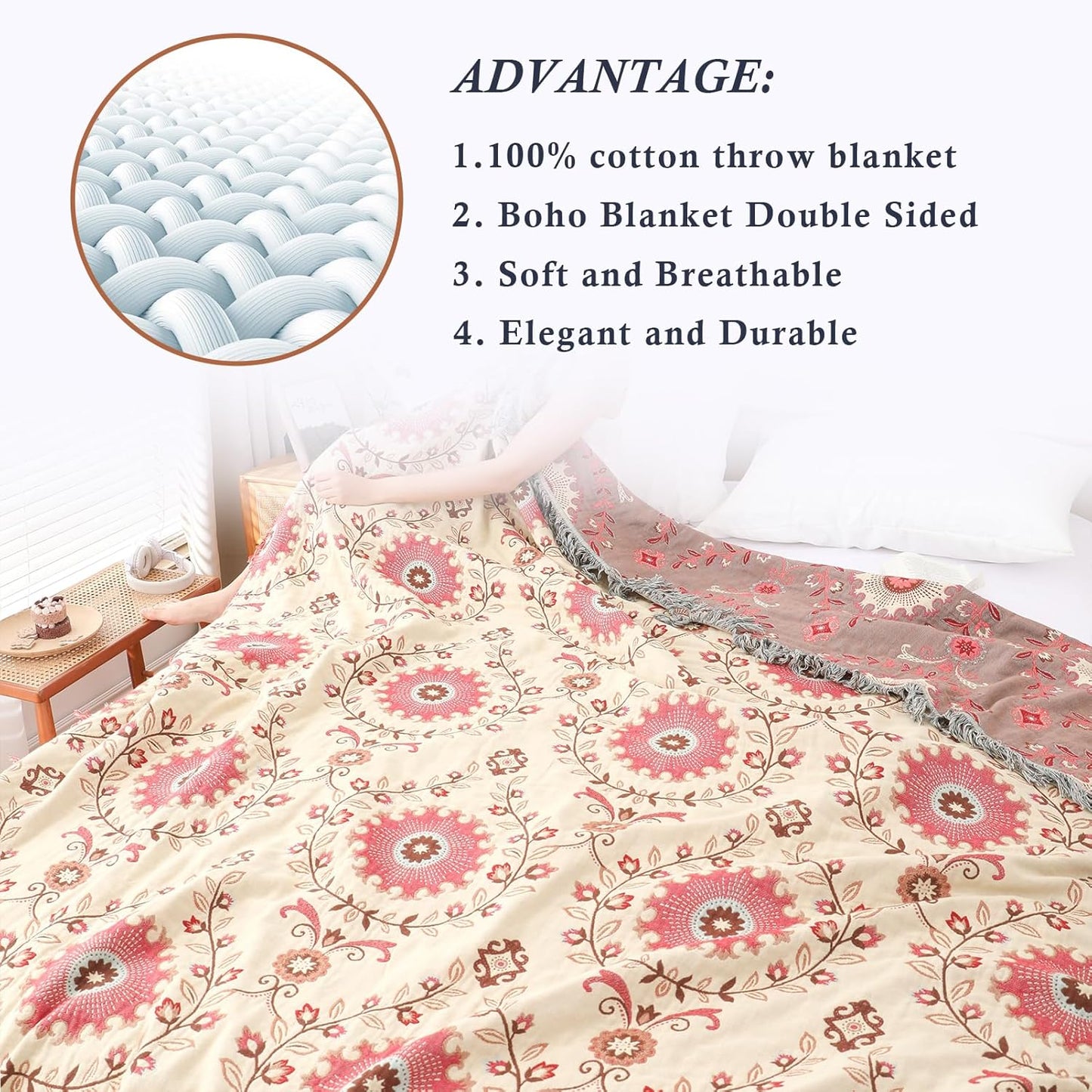 Snycler Boho Throw Blanket for Bed - 100% Cotton Ultra Soft Rustic Quilt - Pink Boho Floral Printed Farmhouse Decor Bed Blankets, 80"×90" All Season Rustic Throw for Sofa Couch Chair