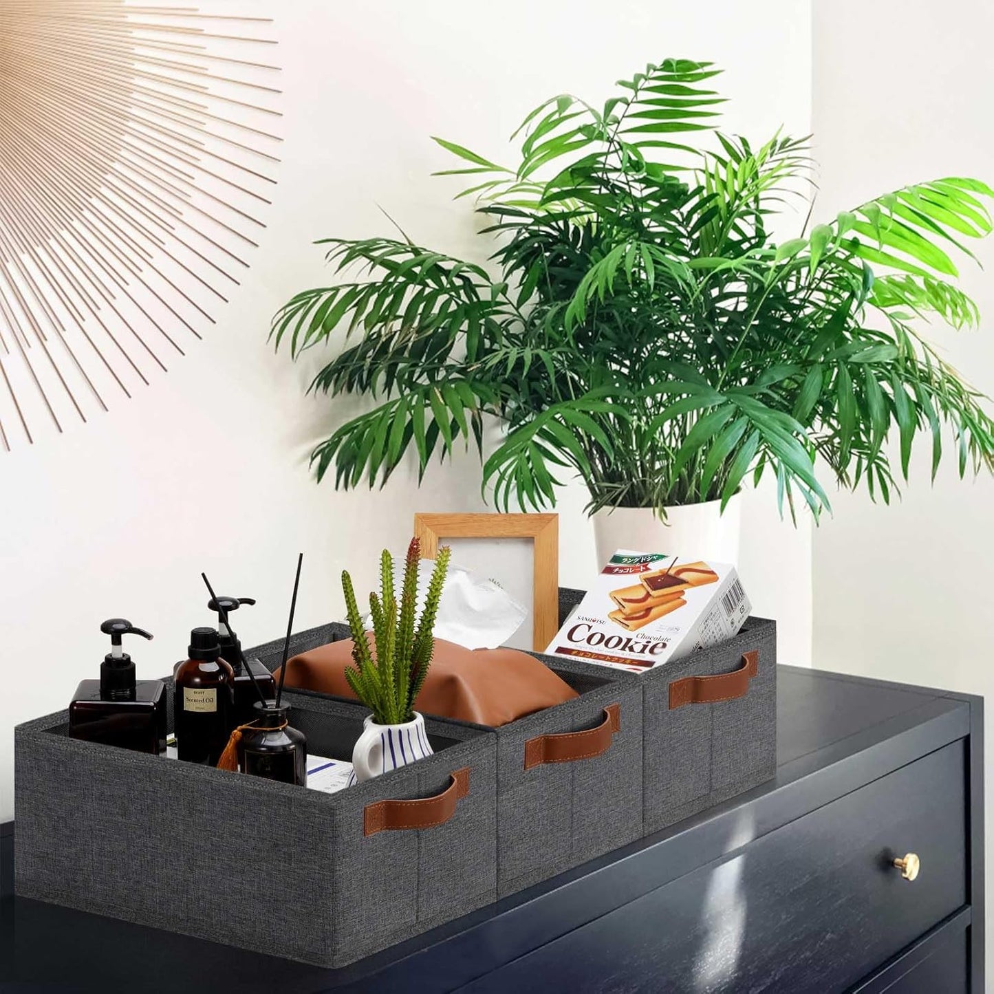 GhvyenntteS Small Fabric Storage Bins 12 Pack, 11.8" x 7.87" x 5.11" Storage Basket with Leather Handles, Closet Storage Bins for Shelves, Storage Baskets for Shelves, DVD Storage (Grey)