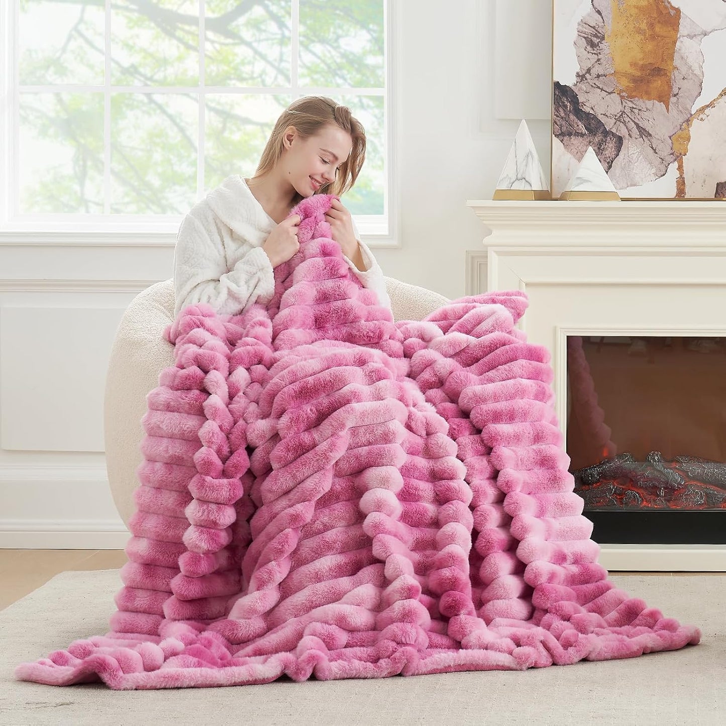 Cozy Bliss Faux Fur Throw Blanket for Couch, Cozy Warm Plush Striped Blanket for Sofa Bedroom Living Room,60 * 80 Inches Tie-dye Pink